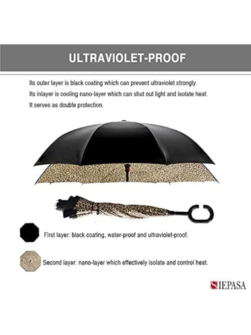 Leopard Print 49 Inch Inverted Reverse Umbrella, Windproof & Waterproof Design - Picture 2 of 6